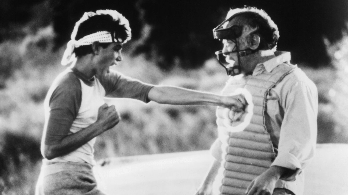 Ralph Macchio and Pat Morita filming "The Karate Kid."