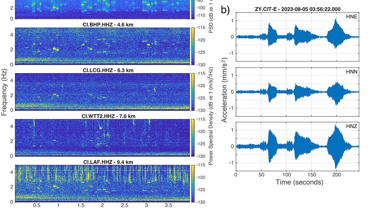 Vertical spectrograms from five logging stations