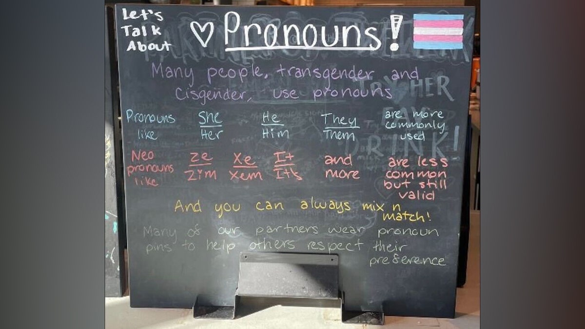 Pride Month display about pronouns