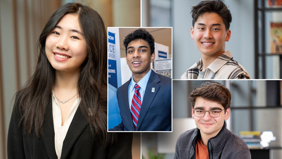 Four of the six student finalists who specialized in cancer research are shown here. Left, Sophie Chen; center (inset), Ekansh Mittal; top right, William Gao; and bottom right, Christopher Zorn.