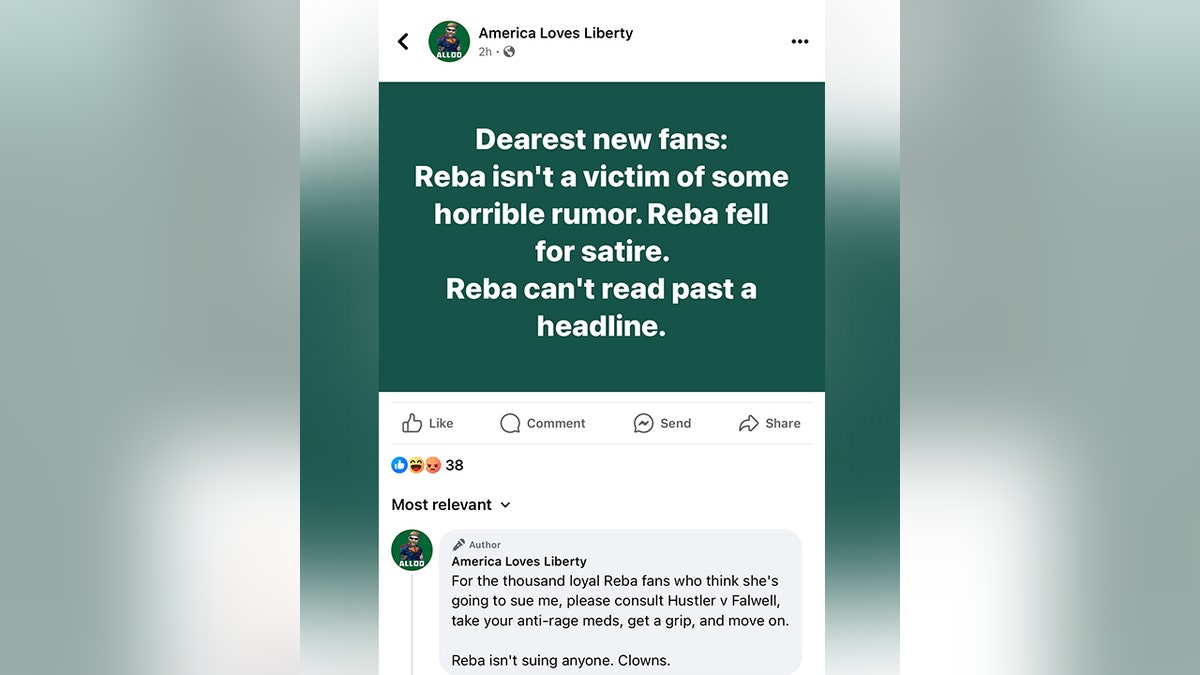 Screenshot of America Loves Liberty saying that Reba McEntire fell for satire