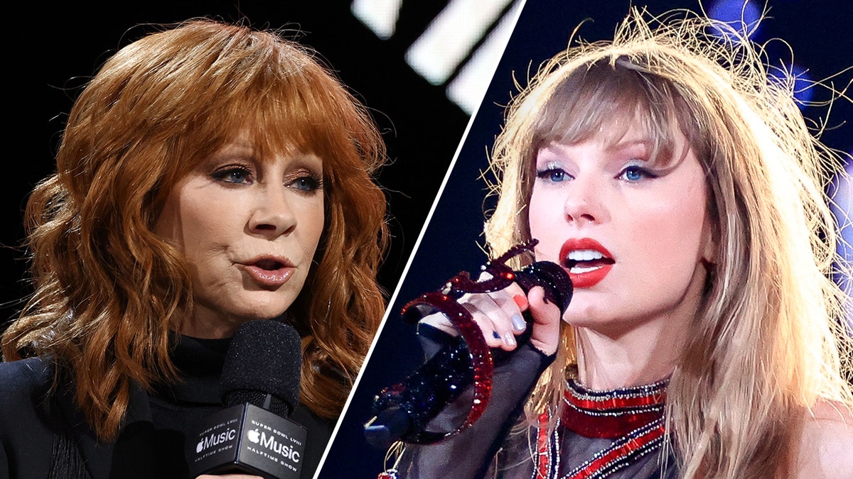 Reba McEntire looks to her left as she speaks into a microphone and looks serious on stage split Taylor Swift sings into a microphone on her Eras Tour in a red and black jumpsuit