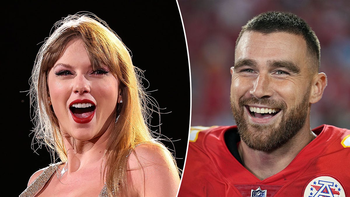 Taylor Swift looks to her left and smile big on stage split Travis Kelce in his red Chiefs jersey smiles on field