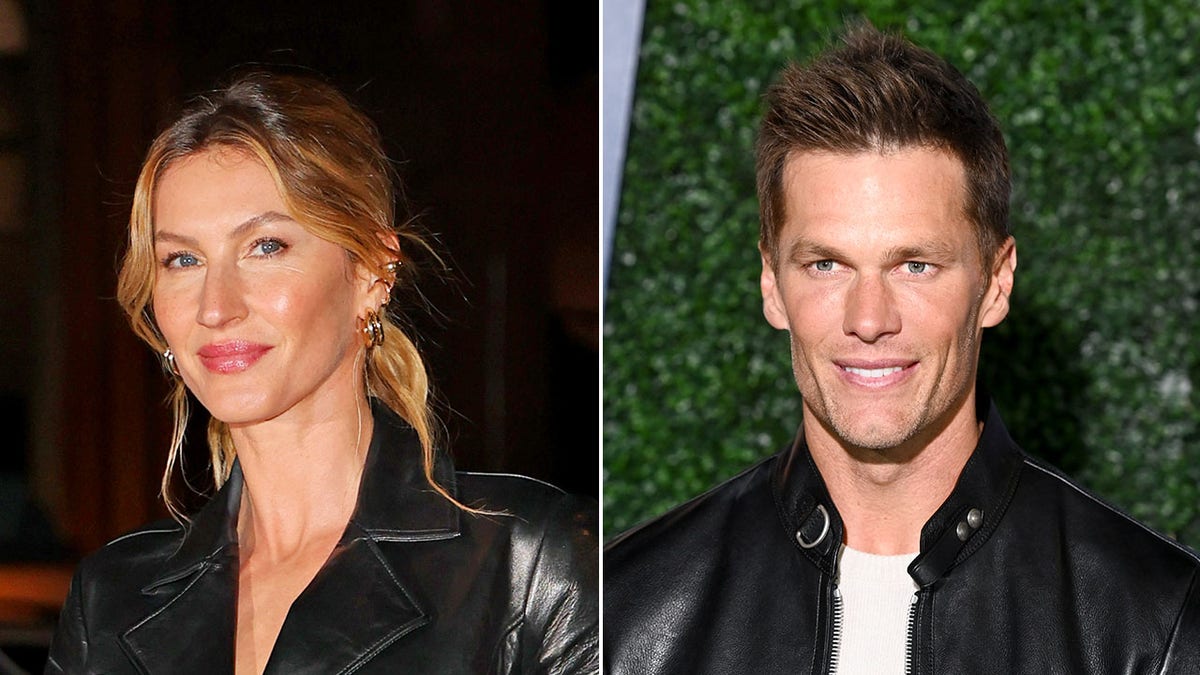 Gisele Bündchen in a leather outfit soft smiles out in the streets for a photo split Tom Brady on the carpet in a black leather jacket