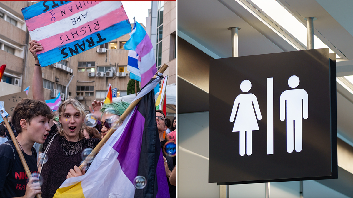 Bathroom, transgender flag with gender symbols
