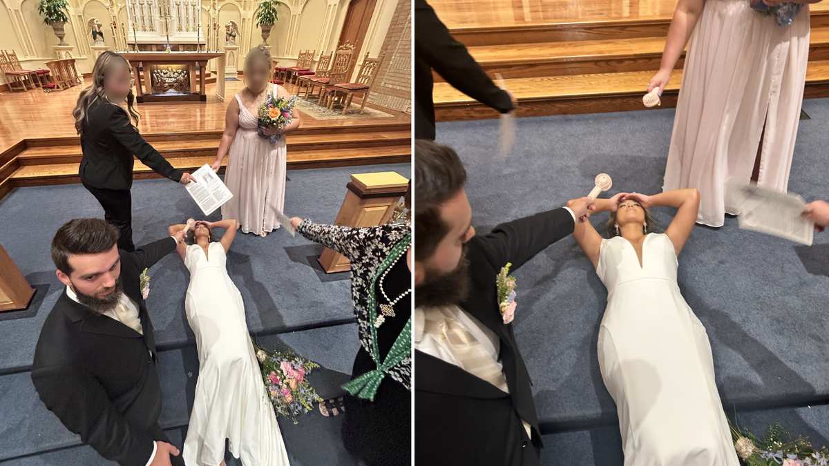 Split image of bride laying on ground