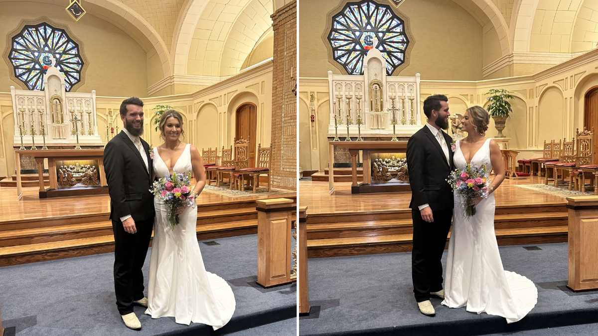 Split image of couple posing for photo at wedding