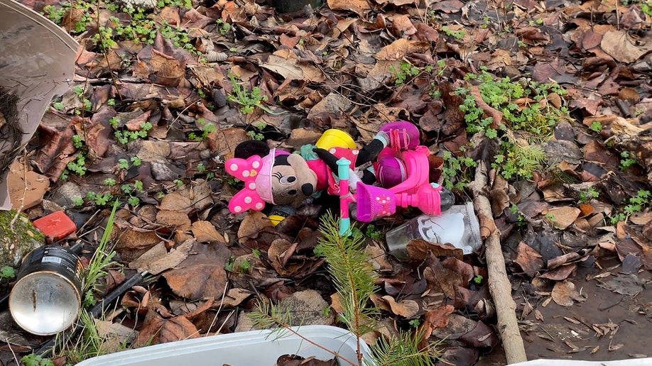 Pink Minnie Mouse toy sits in leaves, trash