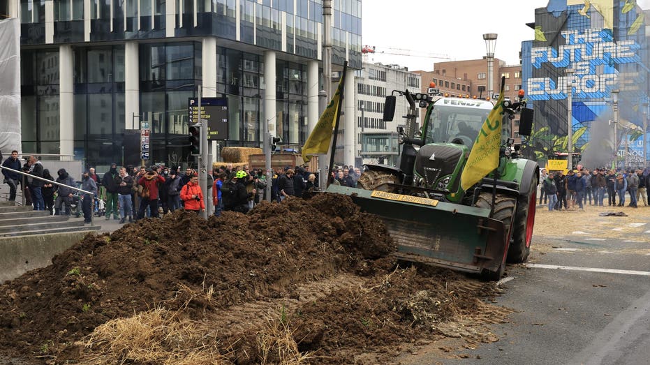 Farmers seal off streets, throw beets, spray manure at police in protest outside of European Union HQ