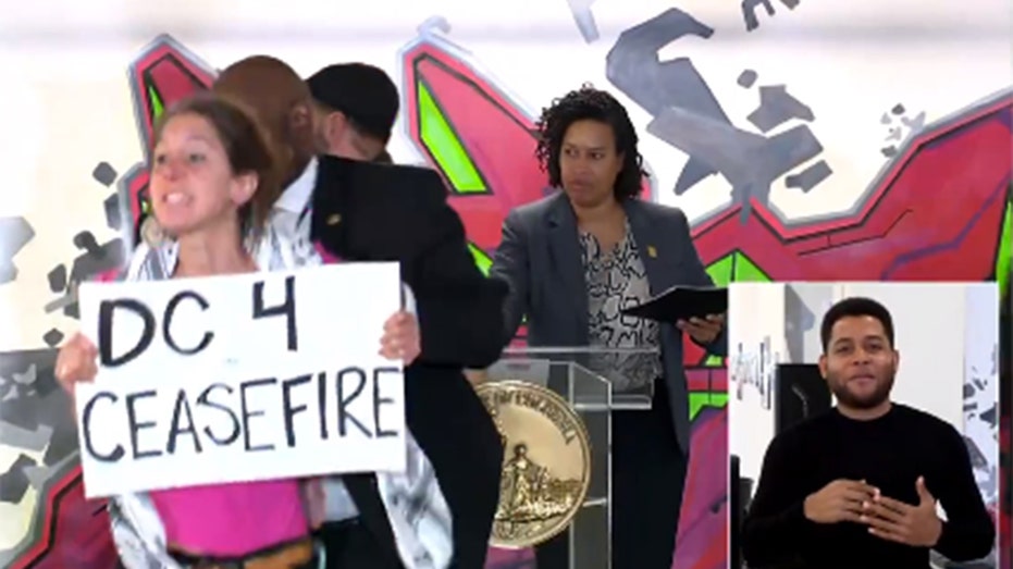 Protester charges at DC Mayor Bowser, calls for cease-fire in Gaza