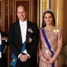 Queen Camilla, King Charles III, Prince William, Prince of Wales and Catherine, Princess of Wales in formal clothes and medals