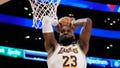 Los Angeles Lakers forward LeBron James dunks during the second half in Game 4 of an NBA basketball first-round playoff series against the Denver Nuggets Saturday, April 27, 2024, in Los Angeles.