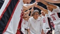 Stanford Cardinal head coach Tara VanDerveer celebrates at Stanford Maples Pavilion after a game against the Oregon Ducks. Tara VanDerveer ties Mike Krzyzewski with 1,202 NCAA career wins at Stanford Maples Pavilion on January 19, 2024 in Palo Alto, California.