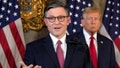 Speaker of the House Mike Johnson, R-La., speaks as Republican presidential candidate former President Donald Trump listens during a news conference, Friday, April 12, 2024, at Mar-a-Lago in Palm Beach, Fla. - Fox News
