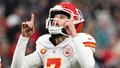 Place kicker Harrison Butker #7 of the Kansas City Chiefs celebrates kicking a field goal in the fourth quarter against the Las Vegas Raiders at Allegiant Stadium on November 26, 2023 in Las Vegas, Nevada. The Chiefs defeated the Raiders 31-17.