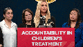 Hotel heiress and media personalty Paris Hilton, center, discusses a proposed bill calling on more transparency for youth treatment facilities during a news conference in Sacramento, Calif., Monday, April 15, 2024.