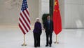 U.S. Treasury Secretary Janet Yellen, left, shakes hands with Governor of the People&apos;s Bank of China Pan Gongsheng as they meet at the People&apos;s Bank of China in Beijing Monday, April 8, 2024.