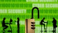 3D printed models of people working on computers and padlock are seen in front of a displayed CYBER SECURITY words and binary code in this picture illustration taken, February 1, 2022.