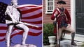 The Lexington Minuteman Statue superimposed against an American flag in a blue sky, Lexington Common, Massachusetts. James Lee (at right) portrays Capt. John Parker during the annual reenactment on Lexington Common.