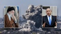 Iran's Supreme Leader Ayatollah Ali Khamenei and Israeli Prime Minister Benjamin Netanyahu inset over an explosion on the border of Israel.