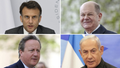 Clockwise: French President Emmanuel Macron, German Chancellor Olaf Scholz, British Foreign Secretary David Cameron and Israeli Prime Minister Benjamin Netanyahu. World leaders are pushing Israel Monday to show restraint following Iran's attack on the country over the weekend.