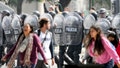 Police advance to disperse an anti-government protest against food scarcity at soup kitchens and against economic reforms proposed by President Javier Milei in Buenos Aires, Argentina, Wednesday, April 10, 2024. (AP Photo/Natacha Pisarenko)