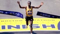 Sisay Lemma, of Ethiopia, breaks the tape to win the Boston Marathon, Monday, April 15, 2024, in Boston. (AP Photo/Charles Krupa)