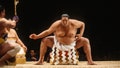 Akebono Taro, born in Hawaii as Chad Rowan, performs a ritual prior to a match in the 1993 San Jose Basho sumo wrestling tournament held June 4-5, 1993 at the San Jose Event Center in San Jose, California.