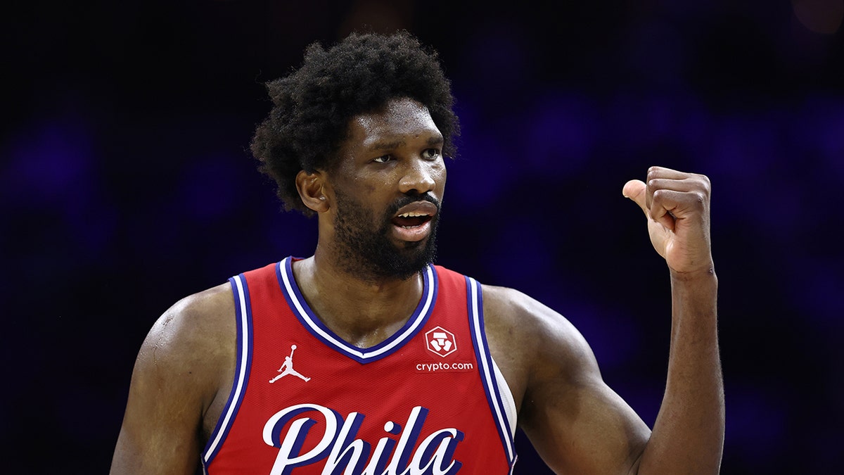 Joel Embiid reacts on court