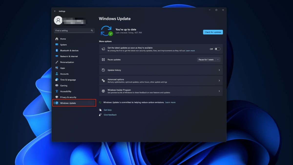 Windows update option on PC 