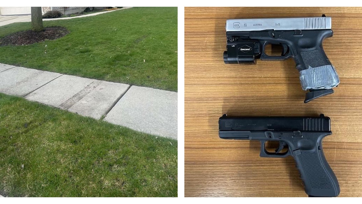 Two guns, sidewalk