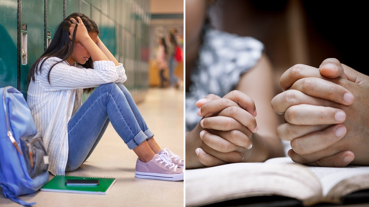 Adolescente frustrado e mãos rezando