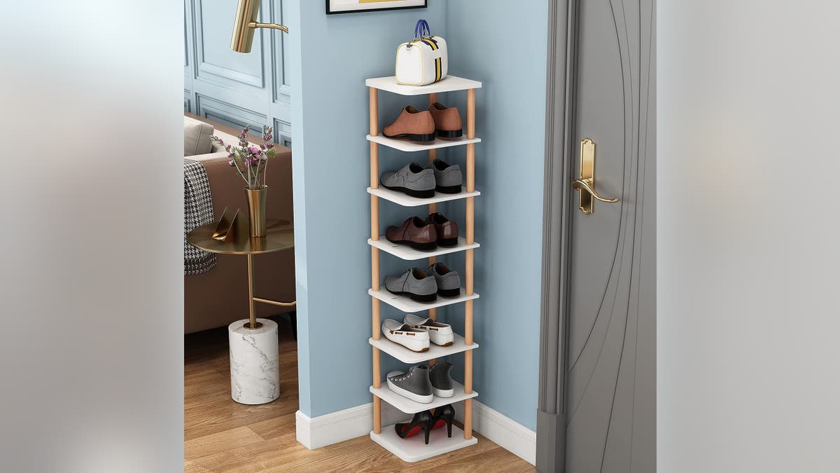Stop tripping over your shoes with this vertical shoe rack. 