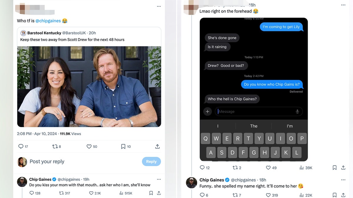 Chip Gaines responds to a troll on twitter split the conversation with the troll and his mom