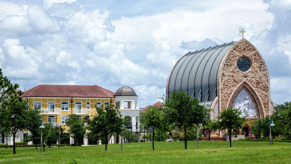 The distinctly shaped Catholic Church is seen here at Ave Maria University, which is located about 30 miles east of Naples, Florida.