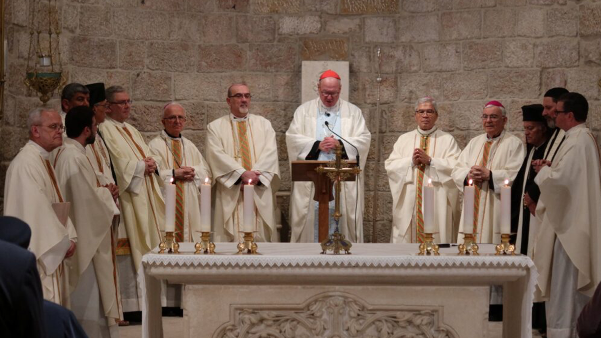 Cardinal Dolan starring wide astatine nan Our Lady of Peace chapel successful nan Notre Dame of Jerusalem Center April 13, 2024