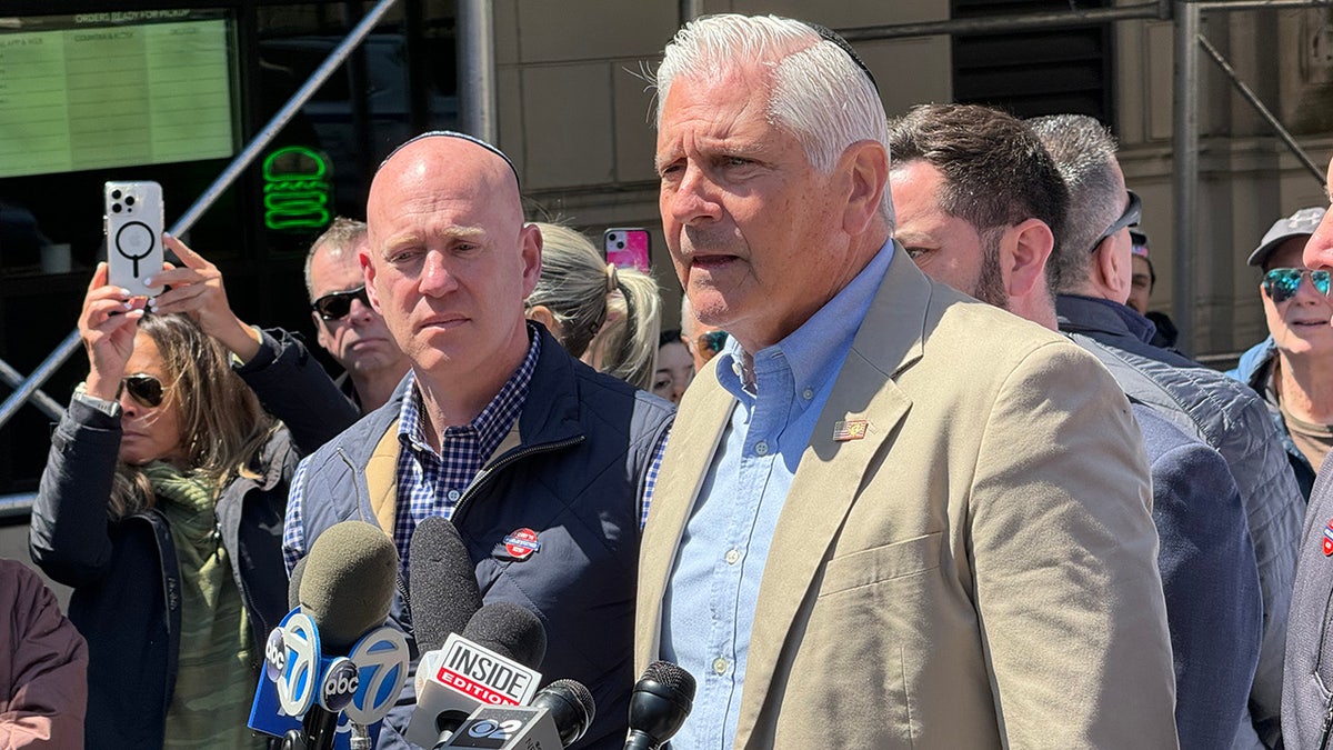 Nassau County Executive Bruce Blakeman speaks to the media regarding ongoing pro-Palestine protests outside of Columbia University