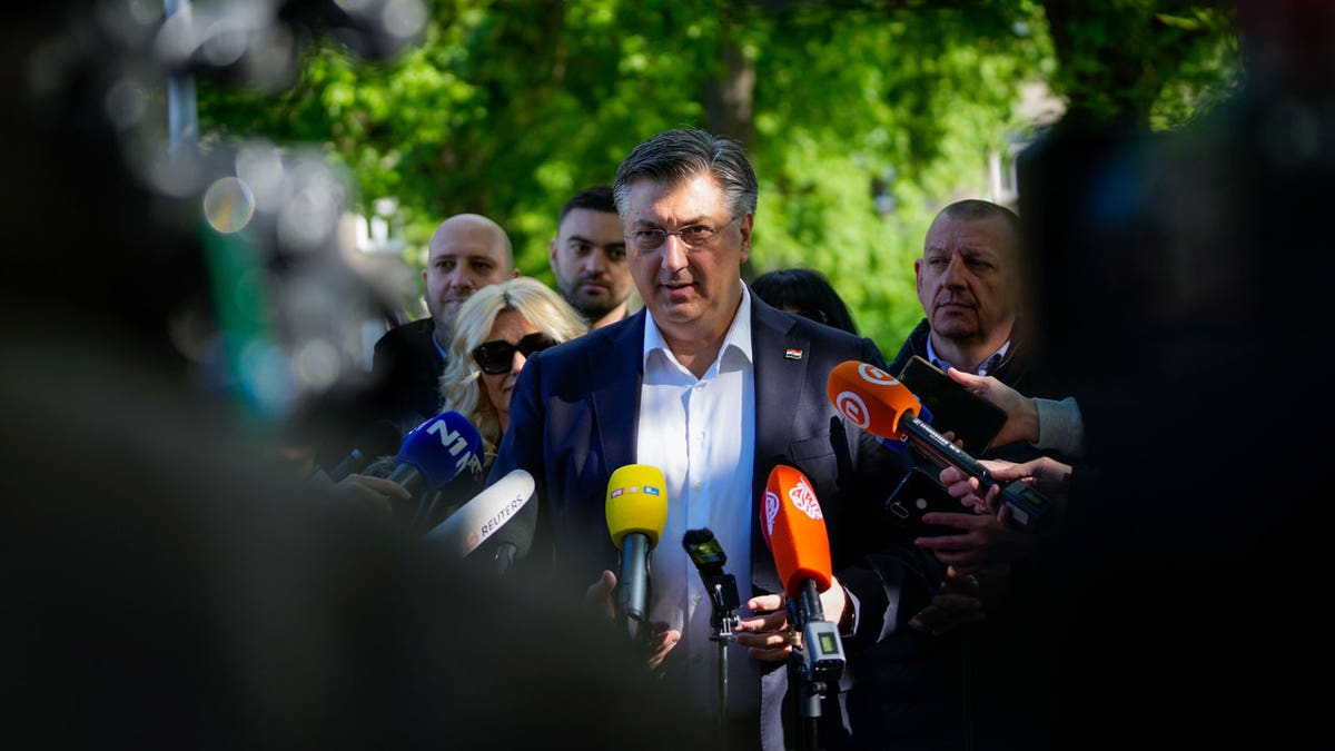 Prime Minister incumbent Andrej Plenkovic speaks to the media at a podium with several microphones beneath trees