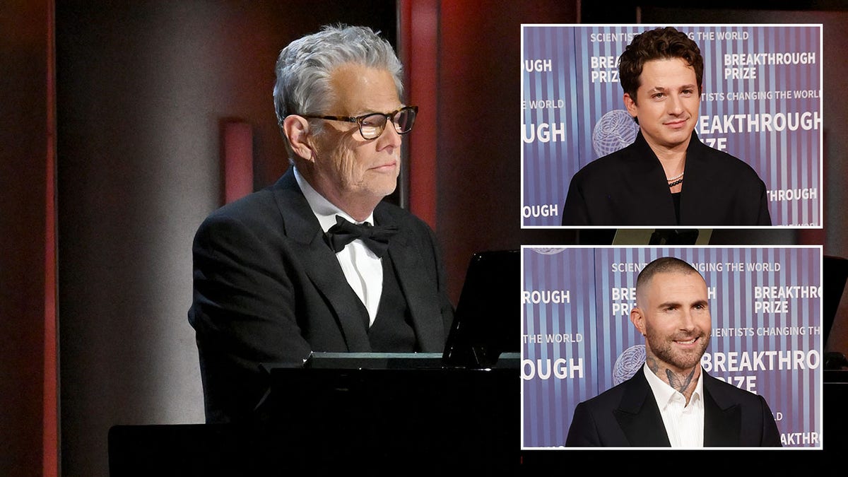 David Foster sitting at a piano with an inset of Charlie Puth and an inset of Adam Levine