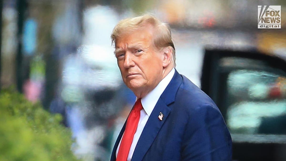 Trump looks astatine  the camera, dressed successful  a bluish  suit   and reddish  tie.
