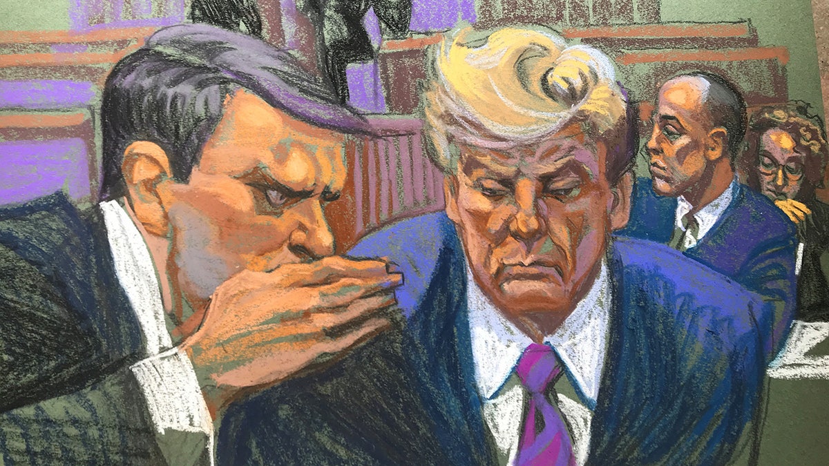 Trump with attorney in courtroom sketch