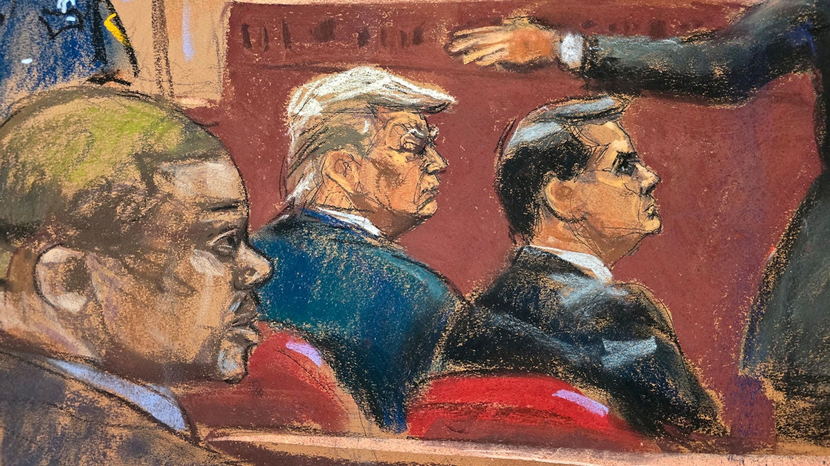 Donald Trump watches pinch his lawyer Todd Blanche arsenic charismatic Matthew Colangelo makes opening statements during Trump's criminal trial