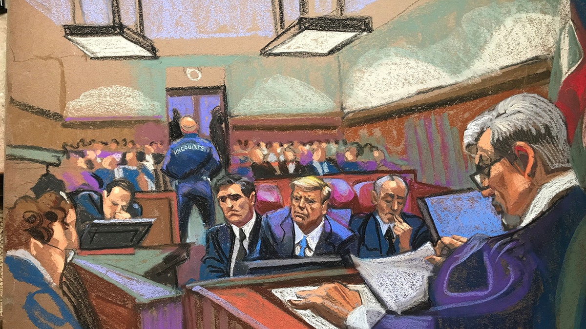 A Trump tribunal sketch depicts nan 3rd time of erstwhile President Donald Trump’s criminal proceedings successful Manhattan Criminal Court