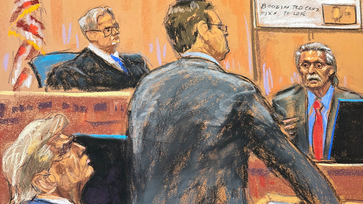 Former U.S. President Donald Trump watches as prosecutor Joshua Steinglass questions David Pecker before Justice Juan Merchan