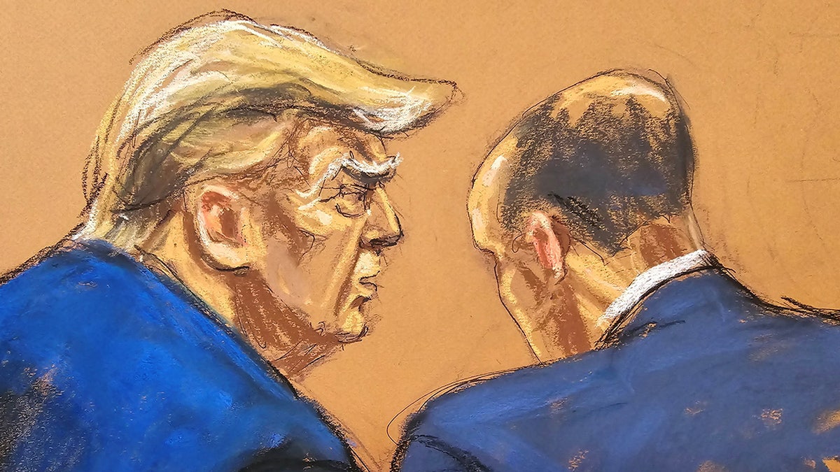 former President Donald Trump chatting with lawyer   successful  tribunal  sketch