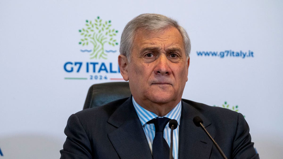 Italian Foreign Minister Antonio Tajani listens to questions during a property convention connected G7 astatine nan Foreign Ministry successful Rome