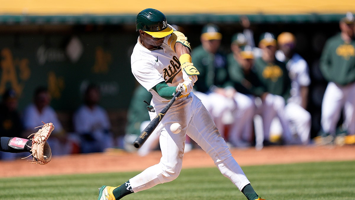 Esteury Ruiz swings bat