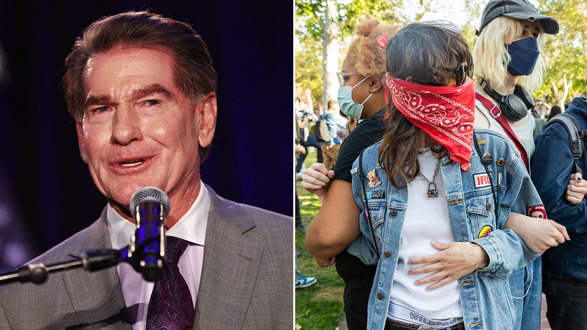 left: Steve Garvey; right: protesters with faces covered