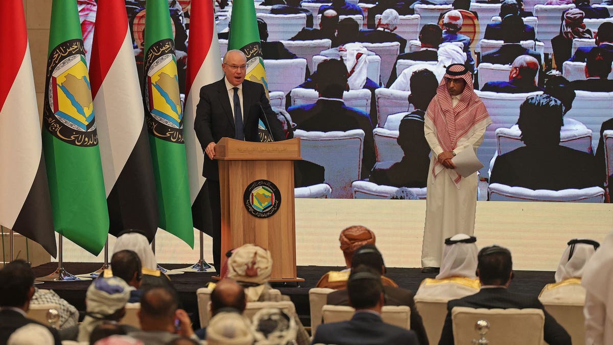 U.S. Special Envoy for Yemen Tim Lenderking speaks during a conference on Yemen's war hosted by the six-nation Gulf Cooperation Council in the Saudi capital Riyadh on March 30, 2022.