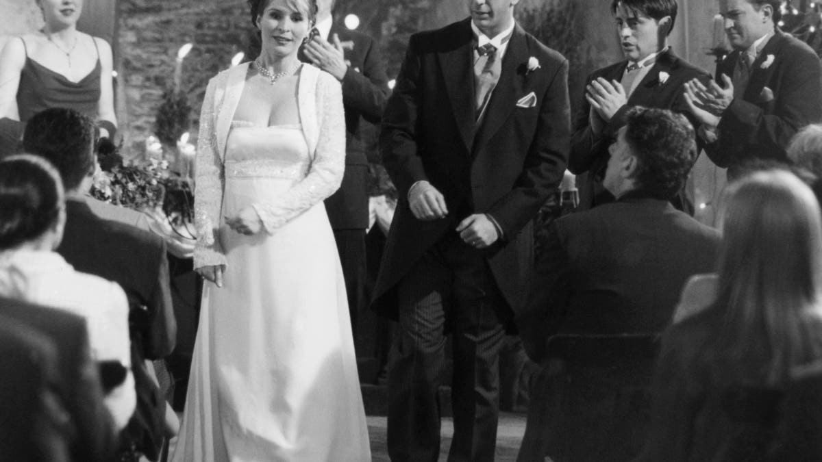Olivia Williams, far left, portrayed Felicity, a bridesmaid to Emily Waltham (Helen Baxendale), in the two-part Season 4 finale of "Friends" titled "The One with Ross’ Wedding."